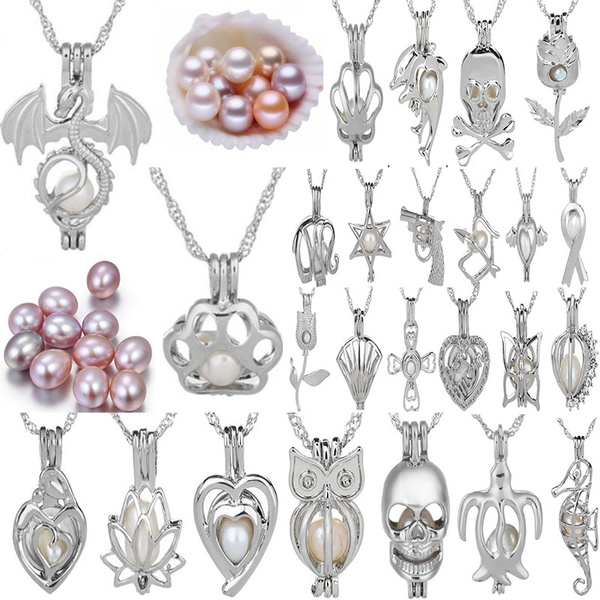20 Inches Chain Akoya Oyster Pearl Party Gift Fireworks Silver Cage Pendant 