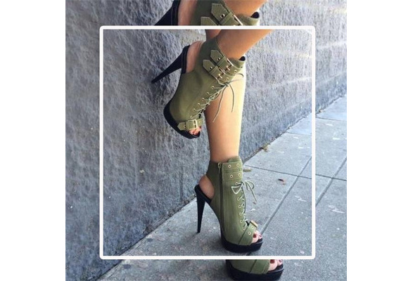 Army green peep toe fashion booties