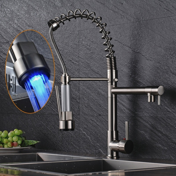 Brushed Nickel Led Kitchen Sink Faucet Deck Mounted Pull Down Single Handle Spring Kitchen Sink 6268