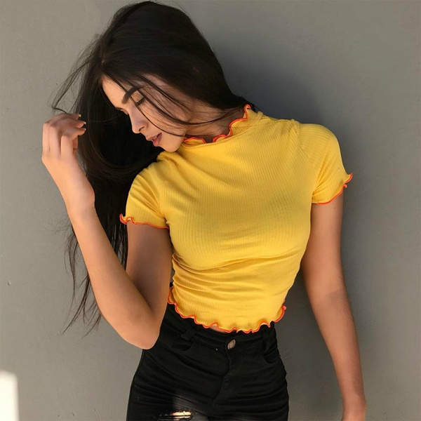 yellow turtleneck crop top