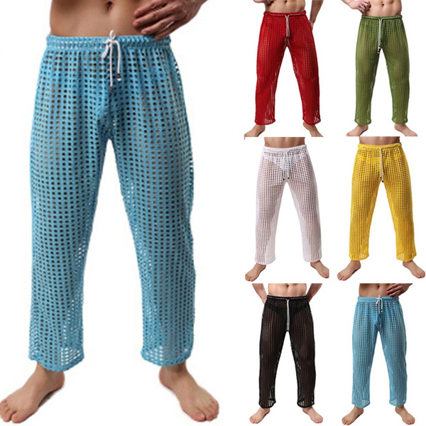 Men Casual Sexy Fishnet See-Through Mesh Pyjama Swimming Beach Pants  Trousers