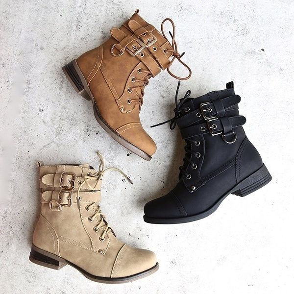 women sexy lace up low heel warm boots