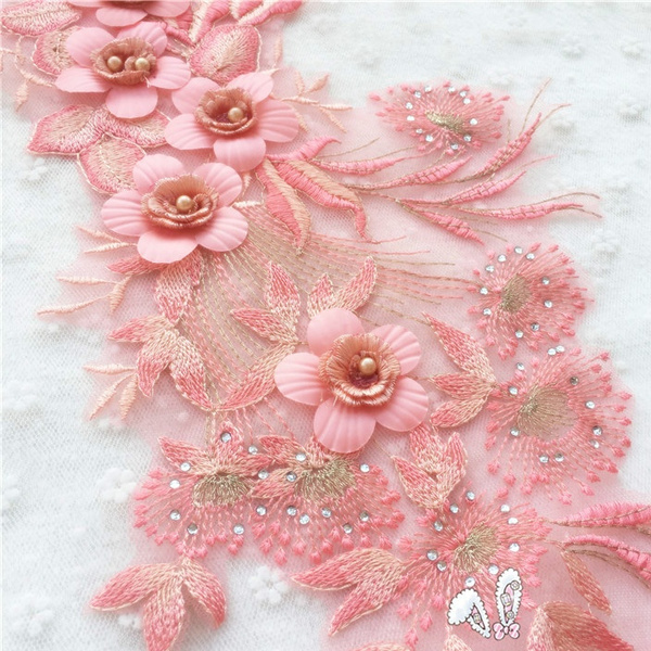 Lace Applique, Pink Flower Applique, Beaded Embroidered Bridal Applique, 1  Pc 