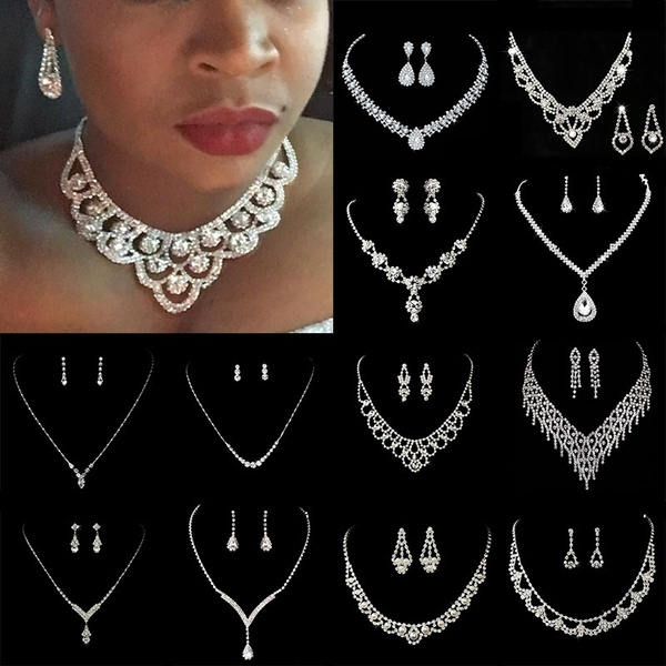 new silver Sparkly Rhinestone Ladies Necklace Earrings proms wedding Jewelry Set 