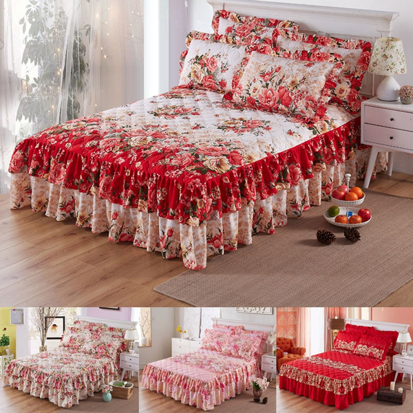 Flower Pattern Gold Brushed Microfiber Ruffled Bed Skirt Set Twin Full Queen King Size Valentine S Day Gift Wish