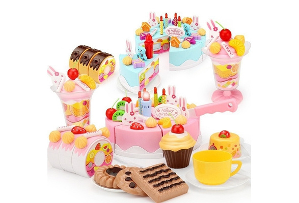 85 Pcs Kids Kitchen Tea Set welltop Pretend Play Birthday Cake for Kids Cutting and Decorating Birthday Party Cake Toys Set with Sound /& Light Candles for 3 4 5 6 Years Old Children Boy Girl