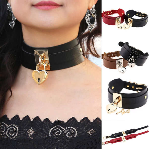 1 Pcs Punk Sexy Bound Leather Heart&Lock Pendant Collar Chokers Necklace  For Women Men Jewelry