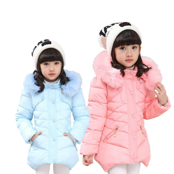 Kids Girls Jacket Winter Padded Warm Coat Fur Collar Hooded Child Outerwear New
