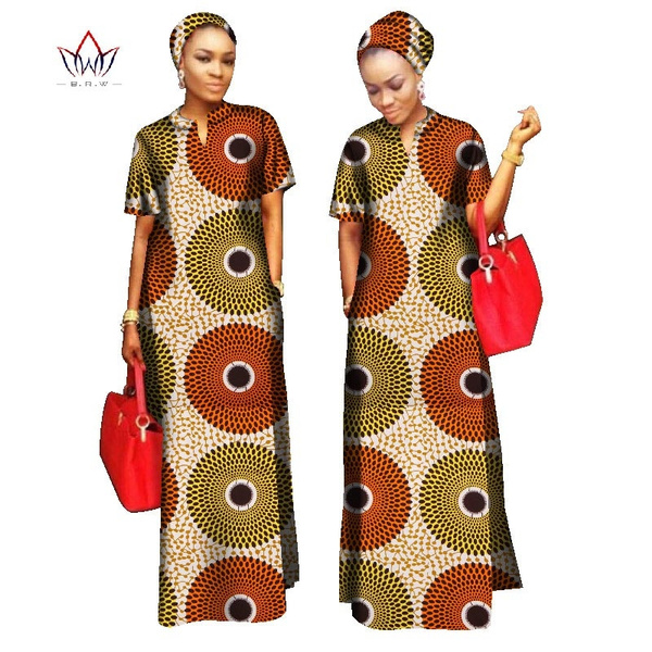 African Styles Clothing Women Riche Bazin Straight 100% Cotton Material  Free Head Scarf Lady Long Dress Maxi Size WY843