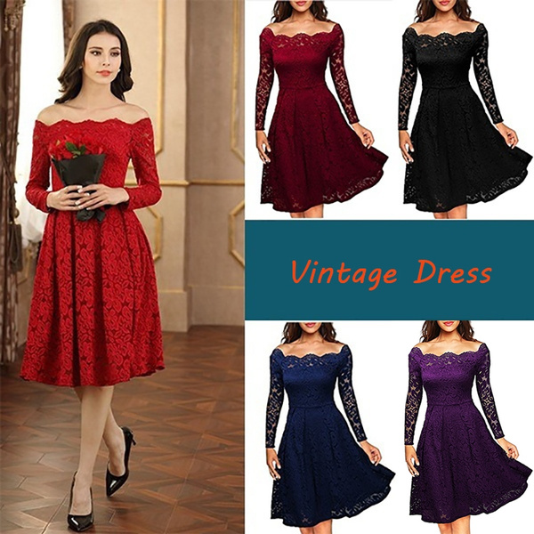 Women's vintage floral lace boat clearance neck cocktail formal swing dress