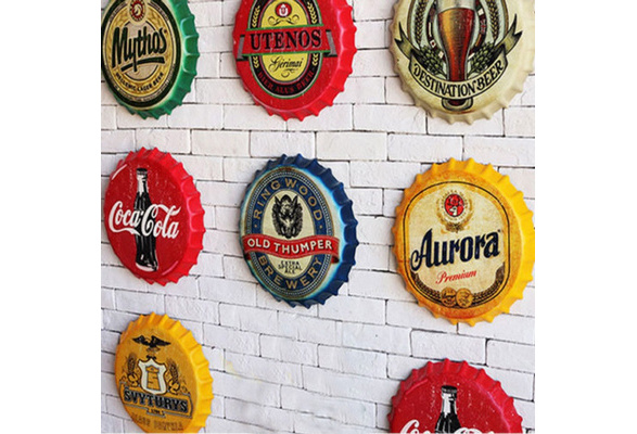 Retro Beer Bottle Caps Hook Tin Sign Wall Decor Metal Bar Plaque Pub Home Shop 