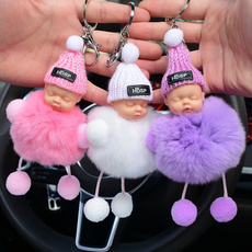 Cute Sleeping Baby Doll Keychain Pom Pom Rabbit Fur Ball Key Chains Car Keyring Women Key Holder Bag Pendant Charm Accessories