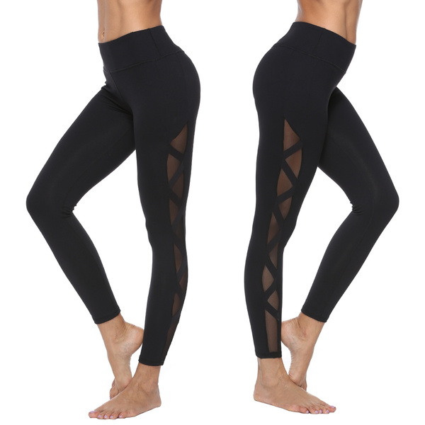 Black Side Mesh See Through Sport Leggings Full Length Quick Dry