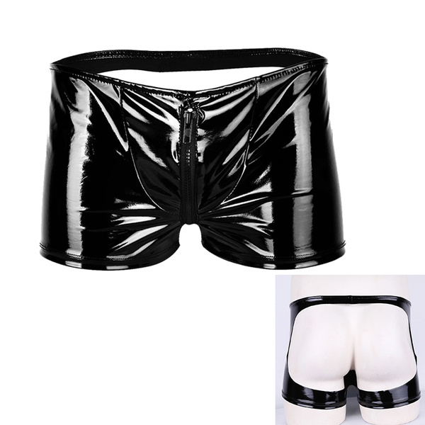 Mens Shiny Metallic Patent Leather Zipper Bulge Pouch Open Butt Boxer ...