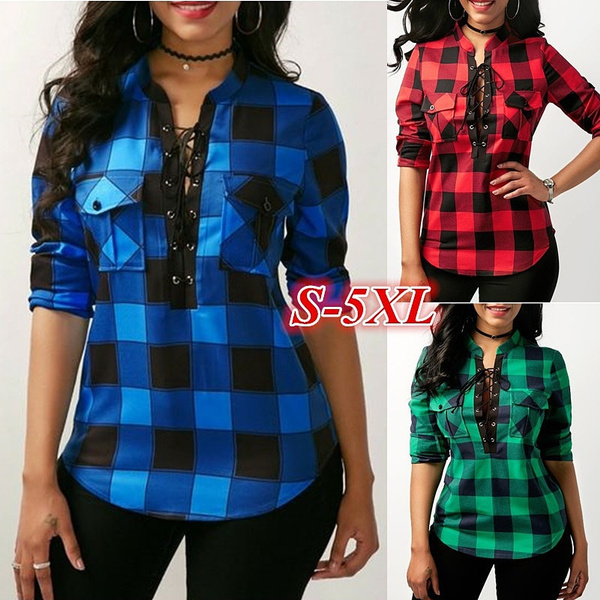 Women V-neck Lace Up Plaid Blouse Tops 