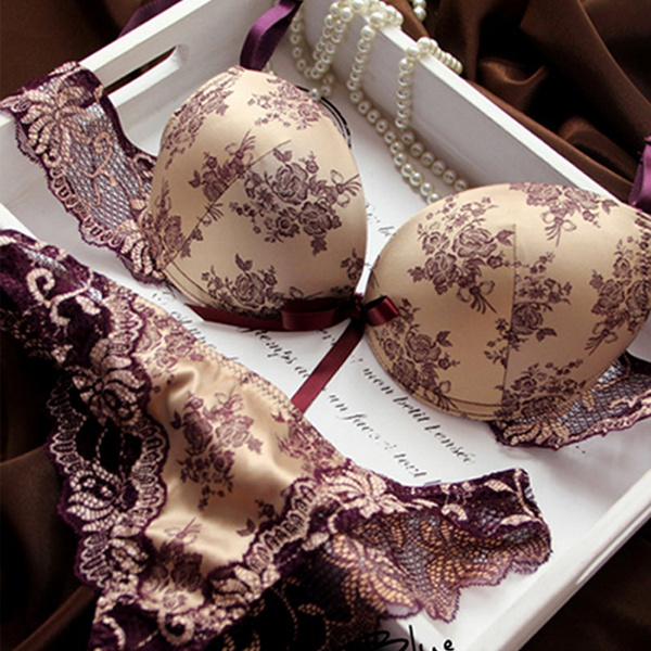 Womens Sexy Underwear Satin Print Lace Embroidery Bra Sets / Panties B C D  Cup