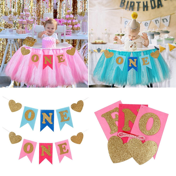 ONE 1st Birthday Banner High Chair Decoration Baby Shower Boy Girl Party Garland 