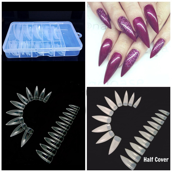 100pcs Box Fake Nail Art Clear Natural Half Cover Oval Sharp End Stiletto Long False Nails Tips Manicure Artificial Nails Salon Art Wish
