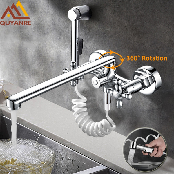 300mm Pipe Nose Chrome Dual Spout Pull Out Kitchen Faucet Wall Mounted Spray Taps With Water Pipes Wish - Wall Mount Pull Out Kitchen Faucet