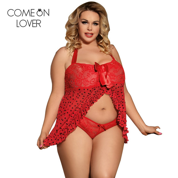 Red Women Babydolls Sexy Lingerie Dress+ Panty Plus Size Negligee Sexy Dot  Lace Summer Halter Baby Doll