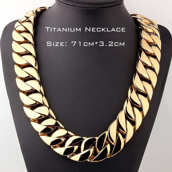Real Stainless Steel Jewelry 24K Gold Filled Plated High Polished Curb  Cuban Link Necklace For Men Exaggerated Heavy Punk Chain 3.2cm Wide