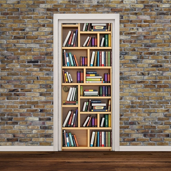 Diy 3d Wall Sticker Bookcase With Books, Library Wall Shelves Doors