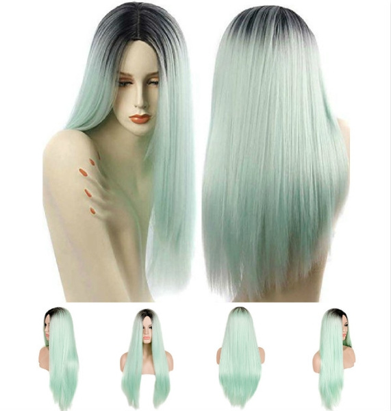 2018 nueva peluca larga recta verde menta Ombre marron oscuro raiz peluca sintetica resistente al calor Cosplay Pastel pelucas completas para mujeres