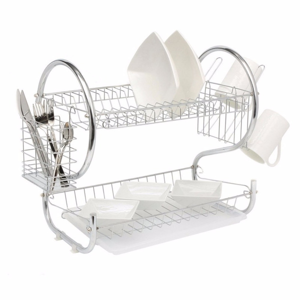 2 TIER CHROME PLATE DISH CUTLERY CUP DRAINER RACK DRIP TRAY PLATES HOLDER NEW 