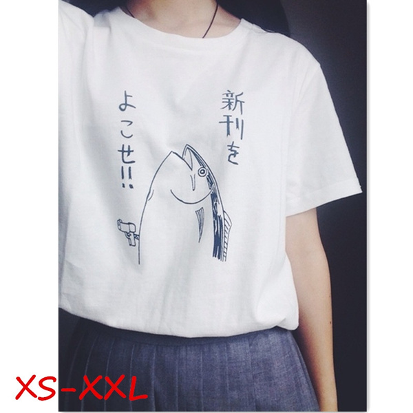 Women Japanese Character Cute Fish Pattern HALAJUKU Wild Funny Short Sleeve  O-neck Women White T-shirt