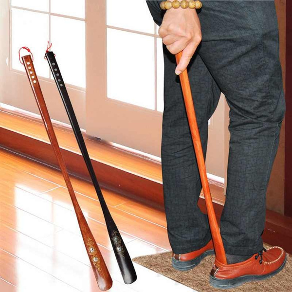 1Pc 55cm convenient flexible long handle shoehorn wooden shoe horn aid stick GN 