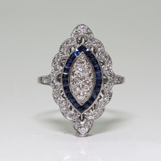 Antique Art Deco Large 925 Sterling Silver Blue Sapphire & Diamond Marquis Cut Ring Engagement Wedding Jewelry