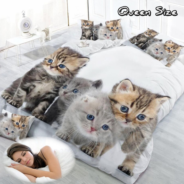 New Cute White Cat Pattern Duvet Cover, Cute Queen Size Bedding