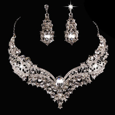 Women Delicate Necklace + Earrings Crystal Wedding Party Bride Necklaces Earring Jewelry