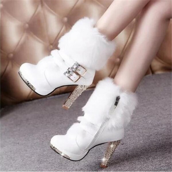 Winter Fur Boots Women s Plush Warm Platform Ankle Boots Shoe Side Zipper Buckle Woman High Heels Fashion Shoes Black White