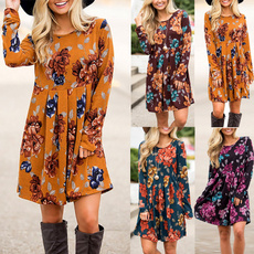 2018 Women's fashion Round Neck Floral Print Long Sleeve Swing Pleated T Shirt Tunic Dress S-5XL