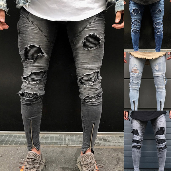 New Fashion Mens Ripped Jeans Cotton Slim Motorcycle Jeans Vintage Denim Jeans Hiphop Streetwear Fear of God Pants Justin Bieber Long Pants | Wish