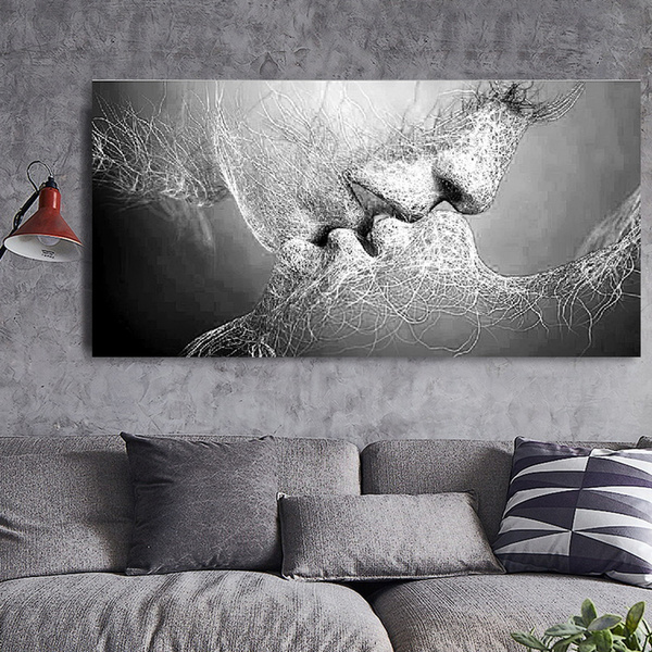 New Fashion Black & White Love Kiss Abstract Art on Canvas Painting