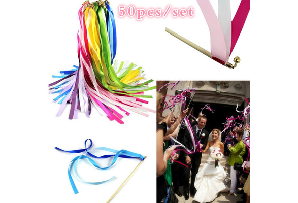 50pcs/set Wedding Ribbon Wands Streamers Confetti Twirling Stream Ribbon  Sticks Wands with Bell Garland Wedding Decoration Favors-a5-1227-8w