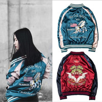 Unisex Two Sides Japanese Embroidery Bomber Souvenir Jacket Smooth Men  Sukajan Yokosuka Jacket Streetwear Hip Hop Baseball Jacket MGE100H17V013