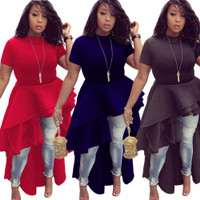 womens ruffle high low asymmetrical short sleeve bodycon tops blouse shirt dress