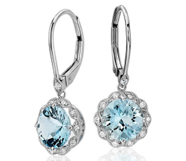 Women Fashion Sterling Silver Earrings Jewelry Natural Gemstone Aquamarine Dangle Hoop Earrings Diamond Floral Earrings