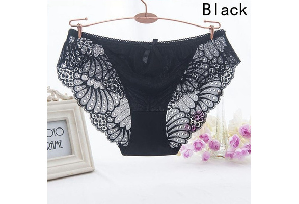 226 Female Lace Underwear Hollow Mid Waist Breathable Panties, Size:  S(Black), snatcher