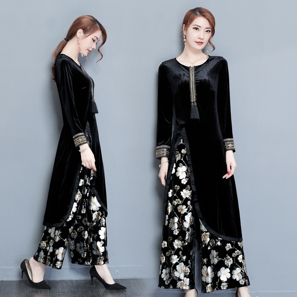 Women Floral Ethnic Embroidery Velvet Dress Retro Elegant V Neck A-line  Dresses | eBay