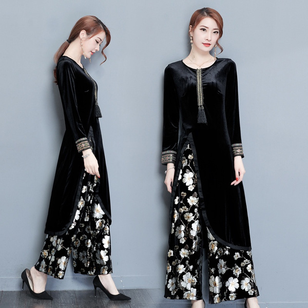 Women Ladies Ethnic Style Velvet Dress Set Suit Long Sleeve Two Piece Dress