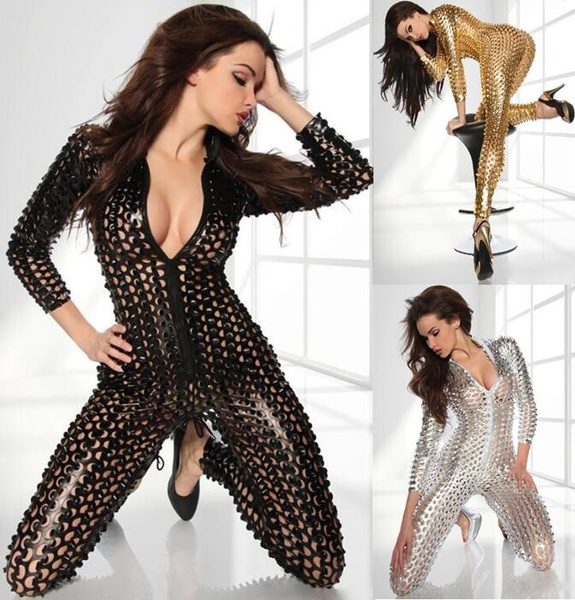 Black Gold Silver Sexy Women Hollow Out Bodysuit Shiny Metallic Black Latex  Jumpsuit Punk DJ Dance Costume Sexy Hole Lingerie Catsuit Fetish Costumes  From Fashionqueenshow, $17.25