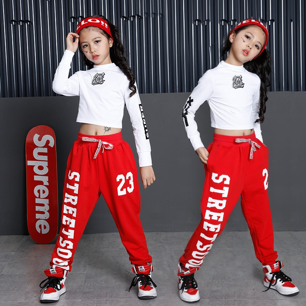 Kids Outfits Jazz Performance Bare-midriff Two-Piece Suits Girls Hip Hop  T-shirt + Pants 4 Colors 4-15 Years