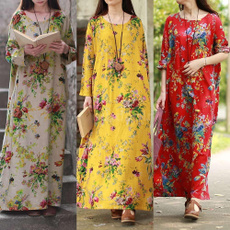 Vintage Women Maxi Floral Dress Long Sleeves Pockets O Neck Plus Size Cotton Linen Loose Robe Dress Autumn Dress (Plus Size : S - 5XL)