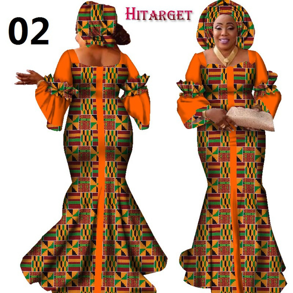 African Woman Fashion Dress With Scarf Traditional Outfit 