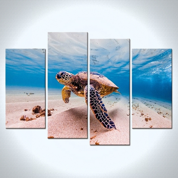 NO Frame Bule 4 Panel Wall Art,Green Sea Turtle Underwater ocean World ...