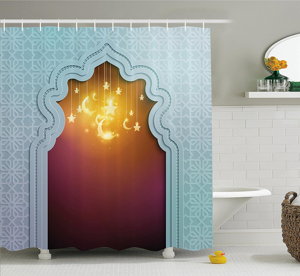 Moroccan Shower Curtain Mosque Door With Star And Moon Art Arabic Words Ramadan Design Polyester Fabric Bathroom Decor Pale Blue Maroon Apricot Wish